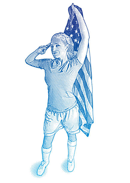 ilustraciones, imágenes clip art, dibujos animados e iconos de stock de atleta mujer sosteniendo bandera estadounidense - american football sports uniform football white background