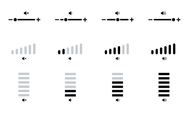 vektorsymbole zur anpassung der lautstärke auf weißem hintergrund. vektorsatz mit pegelvolumen von niedrig bis hoch. - volume stock-grafiken, -clipart, -cartoons und -symbole