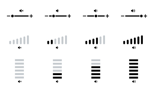 Level volume adjustment vector icons on white background. Vector set with level volume from low to high. Balance for sound.