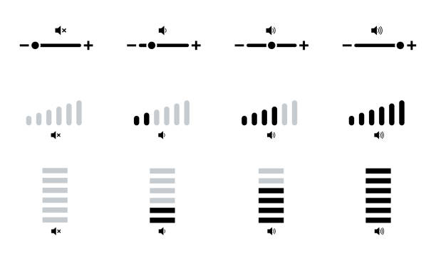 Level volume adjustment vector icons on white background. Vector set with level volume from low to high. Level volume adjustment vector icons on white background. Vector set with level volume from low to high. Balance for sound. symbol of power audio stock illustrations