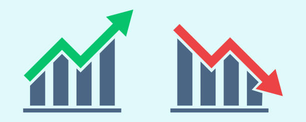 Financial arrows up and down. Vector graph with green and red arrows. Chart with increase, decrease. Financial arrows up and down. Vector graph with green and red arrows. Chart with increase, decrease. Vector 10 EPS. moving down stock illustrations