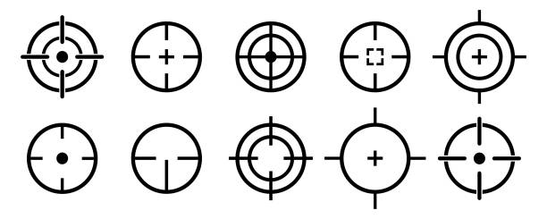 ilustrações, clipart, desenhos animados e ícones de conjunto de ícones vetoriais de destino. foco ou mira. tiro em bullseye. atirador de visão. tiro na arma. - crosshair gun rifle sight aiming