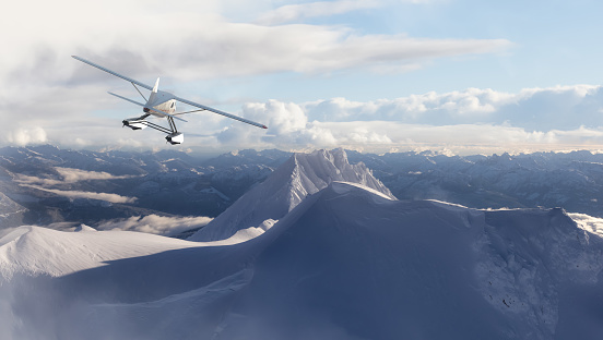 Seaplane Flying over the Rocky Mountain Landscape. Adventure Composite. 3D Rendering Airplane. Aerial Background from British Columbia near Vancouver, Canada.