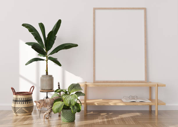 istock Empty vertical picture frame. Mock up interior in boho style. Free, copy space for picture or poster. Plants, rattan basket, cat. Close-up view. 3D rendering. 1399797481