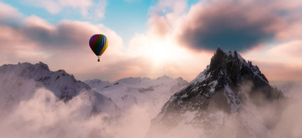 istock Dramatic Mountain Landscape covered in clouds and Hot Air Balloon Flying. 1399799898