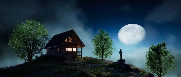 Woman standing outdoors in nature at Night with big moon in sky. A-frame Cabin home on top of a mountain. 3d Rendering Adventure Concept Artwork.