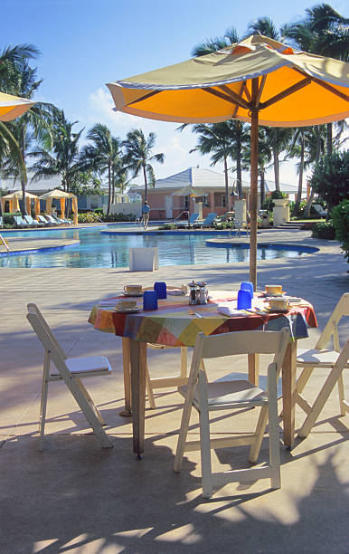 refeições à beira da piscina - umbrella poolside table dining - fotografias e filmes do acervo