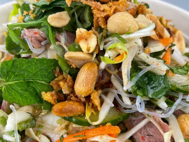 Stock photo showing close-up, elevated view of a dish filled with Vietnamese beef, noodle, beansprout and peanut salad.