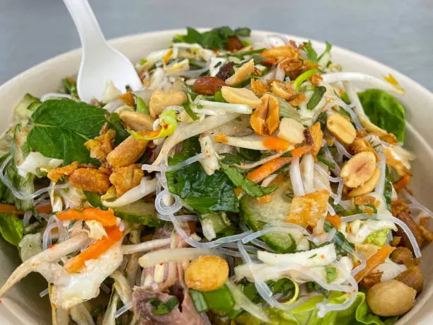 Stock photo showing close-up view of a dish filled with Vietnamese beef, noodle, beansprout and peanut salad.