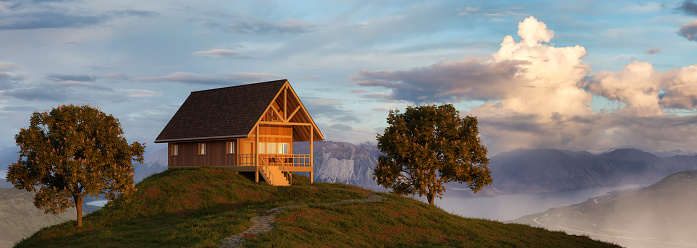 A-frame Cabin home on top of a mountain. 3d Rendering. Nature landscape background from Yukon, Canada. Sunny Morning Artwork
