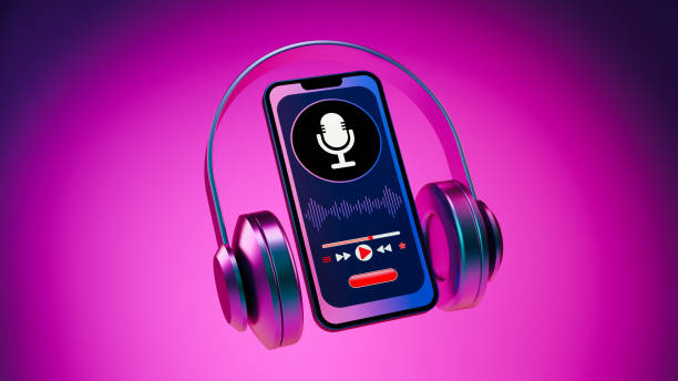 Podcast Concept. Online Podcast With Smartphone Concept Podcast Audio Equipment. Audio Microphone, Sound Headphones, Podcast Application on Mobile Smartphone Screen. 
Recording Sound Voice. Live Online Radio Player Concept podcast mobile stock pictures, royalty-free photos & images