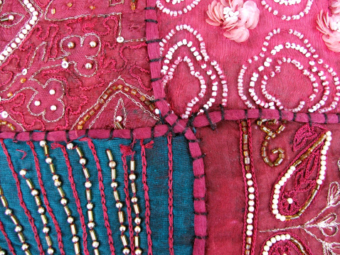 Close-up of kimono textile for sale. The fabrics that kimono are made from are classified in two categories within Japan: Gofuku is the term used to indicate silk kimono fabrics and  Futomono used for Cotton and hemp fabrics.