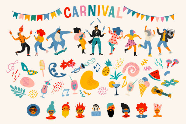 Carnival. Vector set. People in carnival costumes, faces, masks, symbols, abstract forms. Design element for carnival concept and other use.