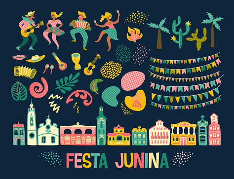 Latin American holiday, the June party of Brazil. Festa Junina. Vector set. Design elements.