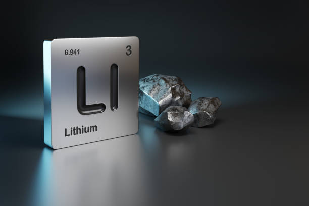 lithium element symbol from the periodic table near metallic lithium with copy space. 3d illustration. - periodic table chemistry science molecule imagens e fotografias de stock