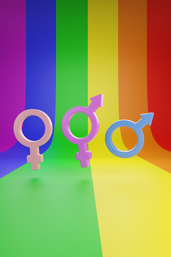 Male, female and transgender symbols on rainbow background. 3d illustration.