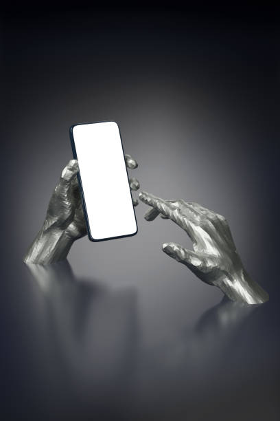istock Sculpture of two hands holding a mobile phone with a blank screen. 3d illustration. 1399804243