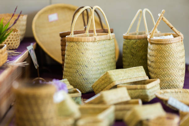 A selection of hand crafted woven bamboo bags, baskets and other craft.