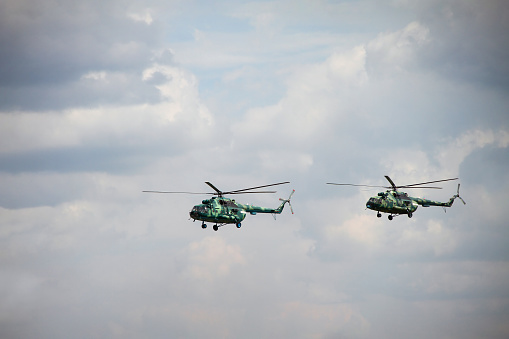 View of the flying Russian military helicopter