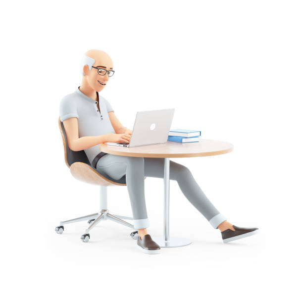3d senior man working on laptop, illustration isolated on white background