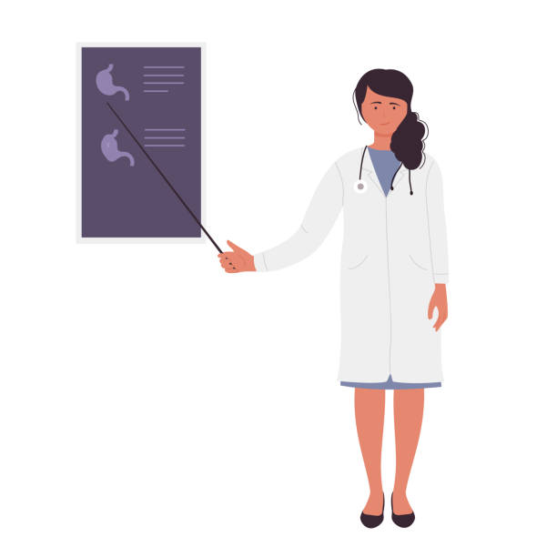 Female doctor showing analysis board Female doctor showing analysis board. Medical worker with stethoscope vector illustration x ray results stock illustrations
