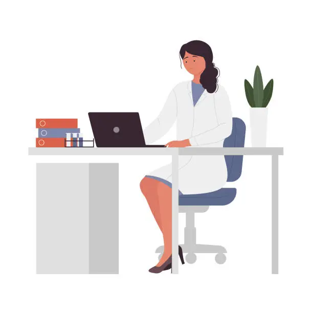 Vector illustration of Female doctor sitting at hospital desk