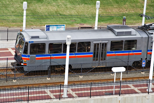 Rapid Transit train leaving a station in downtown Cleveland, Ohio.