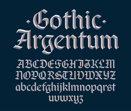 Gothic beveled font, decorative silver metallic 3d blackletter typeface. Uppercase and lowercase. Vector illustration.
