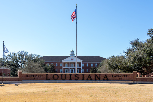 Lafayette, Louisiana, USA - February 13, 2022: University of Louisiana sign is shown at the campus in Lafayette, Louisiana, USA. The University of Louisiana is a public research university.