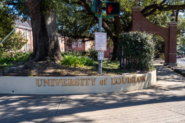 University of Louisiana sign is shown at the campus in Lafayette, Louisiana, USA. Lafayette, Louisiana, USA - February 13, 2022: University of Louisiana sign is shown at the campus in Lafayette, Louisiana, USA. The University of Louisiana is a public research university. lafayette louisiana photos stock pictures, royalty-free photos & images