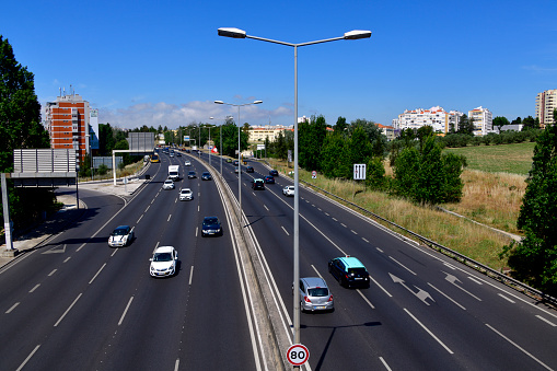 Lisbon, Portugal: view over traffic on the 'segunda circular' ring road -  One of the Portuguese roads with the highest traffic density at rush hour. Managed by the Lisbon City Council.