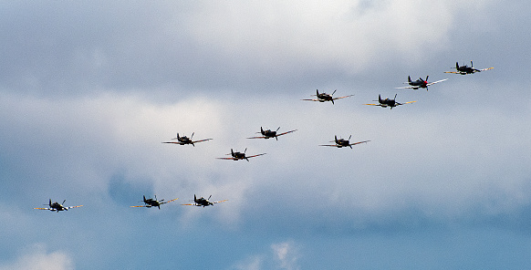 Duxford Airfield Cambridge, United Kingdom -  July 13th 2014:\n\nWarbird fighter planes perform in the skies at Duxford flying legends
