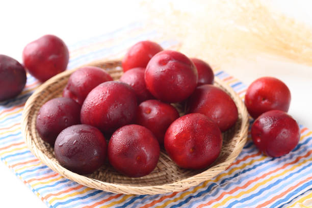 Red plum fruit (Japanese plum or Chinese plum) stock photo