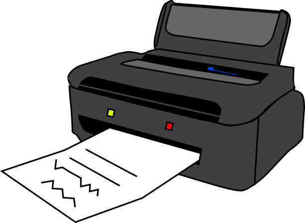 ilustraciones, imágenes clip art, dibujos animados e iconos de stock de ilustración de una impresora negra impresa - computer equipment pc fax machine appliance
