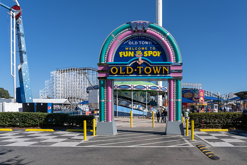 Kissimmee, Florida, USA - January 31, 2022: The entrance to Fun Spot at Old Town in Kissimmee, Florida, USA. Old Town is an Amusement park featuring old-time carnival rides, shopping and dining.