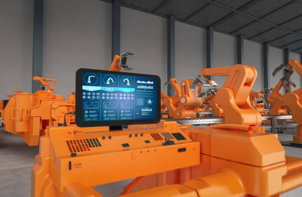 istock Automation factory concept with control panel screen with robotic arms 1399819111