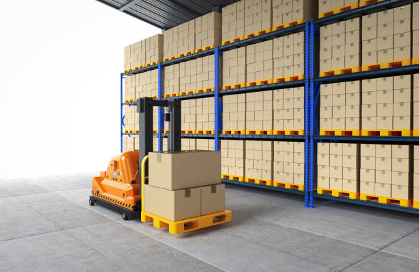 istock Automation warehouse management with  automatic forklift in stockroom 1399819113