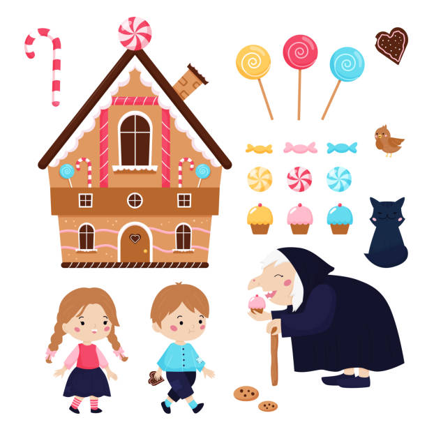 ilustrações, clipart, desenhos animados e ícones de hansel e gretel conto de fadas para crianças. - fairy tale house witch candy