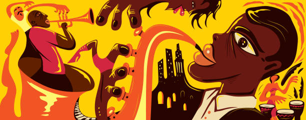 도시의 추상 색소폰 플레이어, 재즈 아트 (벡터 아트워크) - funk jazz stock illustrations