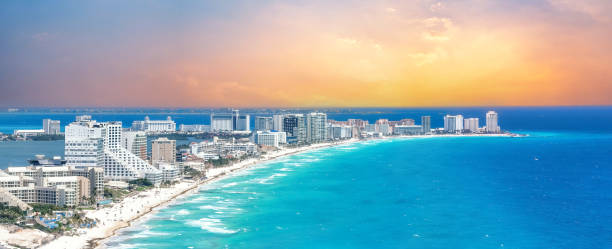 Cancun skyline with beach and blue water stock photo