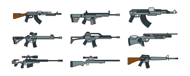 ilustrações, clipart, desenhos animados e ícones de uma coleção de ilustrações de armas de fogo de barril longo. conjunto de arma militar em design vetorial - gun handgun silhouette outline