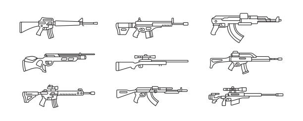 ilustrações, clipart, desenhos animados e ícones de uma coleção de ilustrações de armas de fogo de barril longo. conjunto de arma militar em design vetorial - gun handgun silhouette outline