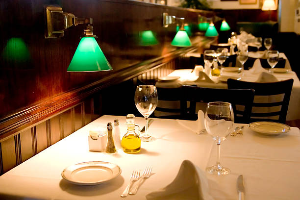 istock A restaurant table with four place settings and low lighting 139982778