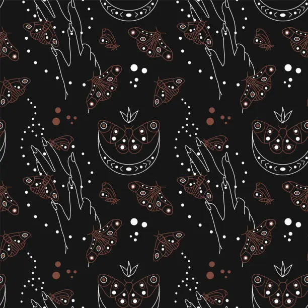 Vector illustration of Vector seamless pattern with hand and moths. Moon. Mysticism. Wildlife. Hand drawn illustration. The print is used for Wallpaper, fabric, textile.
