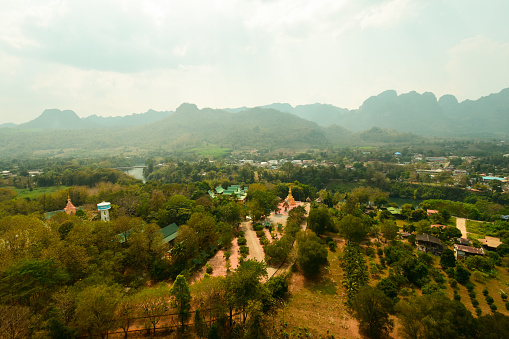 A bird's eye view of the community in the midst of the mountains.
