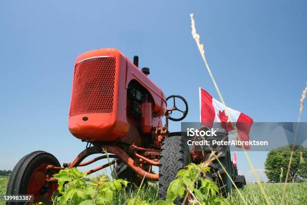 Tractor En El Campo Foto de stock y más banco de imágenes de Bandera canadiense - Bandera canadiense, Granja, Tractor