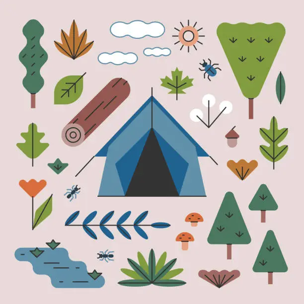 Vector illustration of Camping Tent with Woodland Trees & Plants — Brightline Series