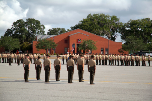 A dramatic shot of the graduation ceremony at US Marine Corps recruit depot, Parris Island, SC