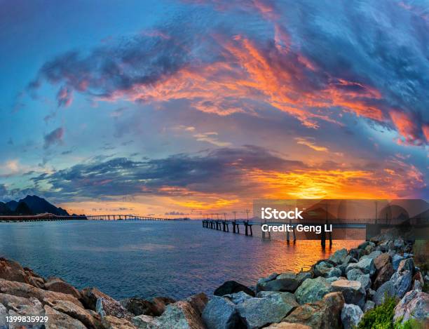 Sunset At South Runway Approach Of Hong Kong Airport Stock Photo - Download Image Now