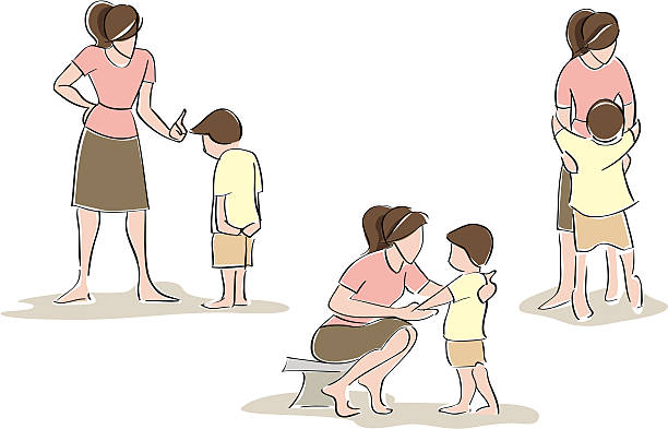 Mother and Son, Gestural Set of 3 vector illustrations of a mother showing her love to her son. Mother angry with son, asking him what went wrong with such an understanding gesture: get down to the boy's level; and they make up with a hug. Love is not always letting children do what they want, but to correct them when they make mistake. drawing of a mother talking to child stock illustrations